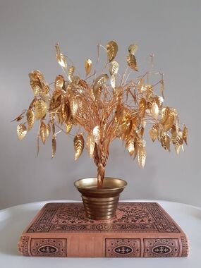 MCM Gold Metal Leaf Dream Tree Sculpture - Decorative Brass Potted Accent